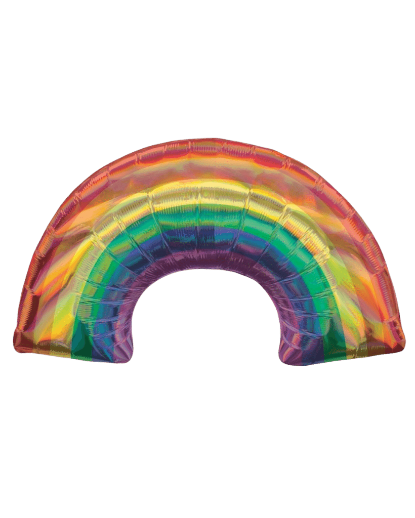 A holographic, multicolored foil balloon with a rainbow pattern.