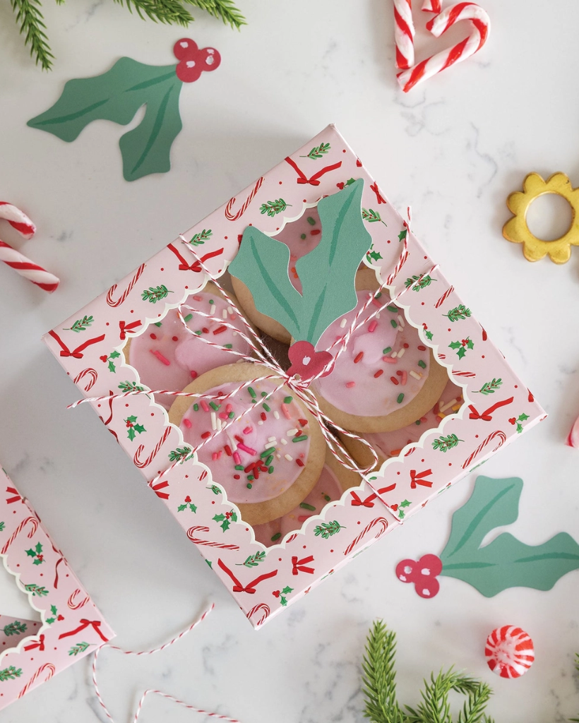 Pink Candy Cane & Holly Cookie Treat Boxes