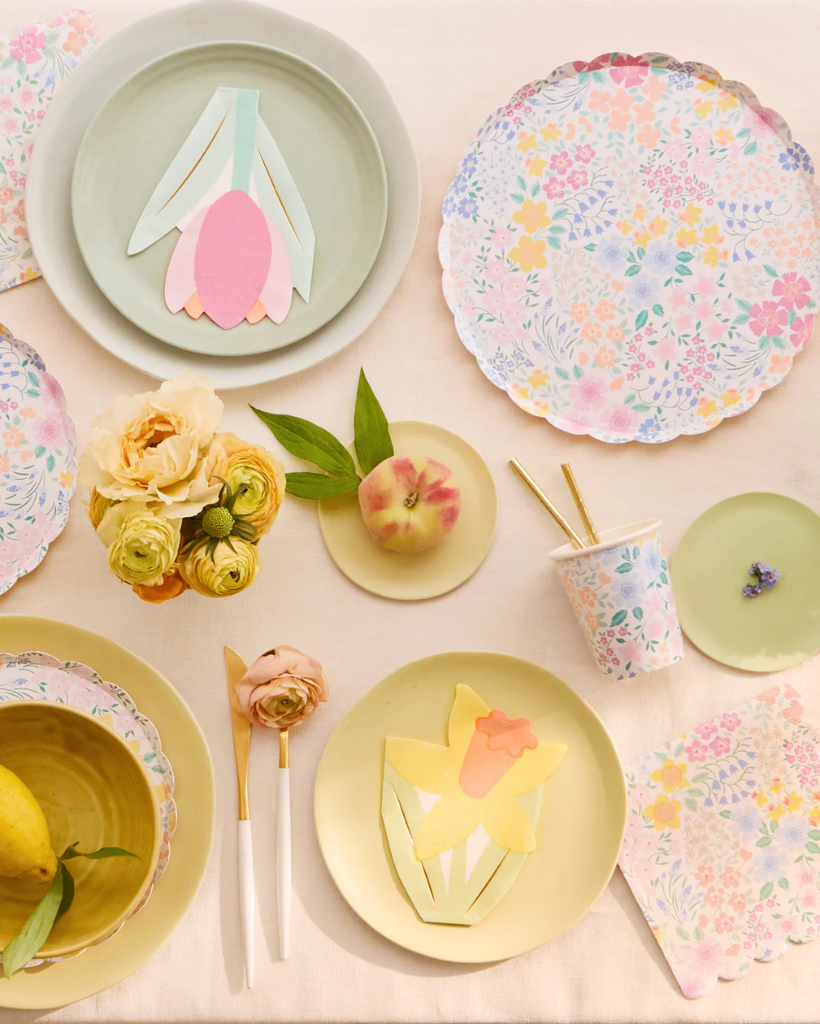 Pack of 8 paper cups with a pretty ditsy floral design in pastel colours mixed with striking pops of neon coral by Meri Meri