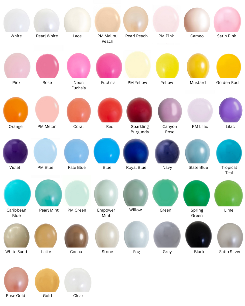 Color swatch chart with various balloon colors on a white background