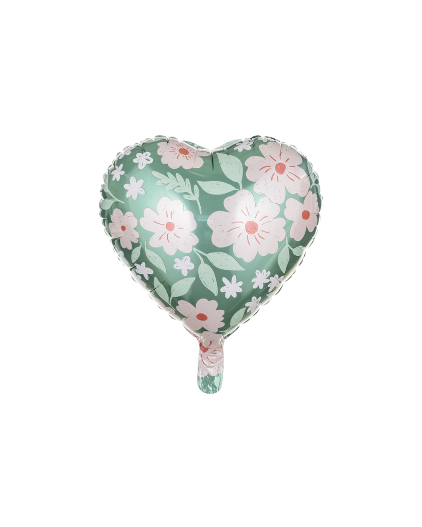 Sage green heart foil balloon with pink floral pattern by Party Deco