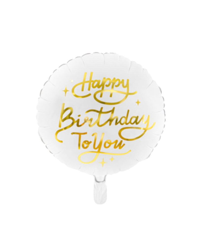 Party Decor Happy birthday to you foil balloon - matte white with metallic gold text.