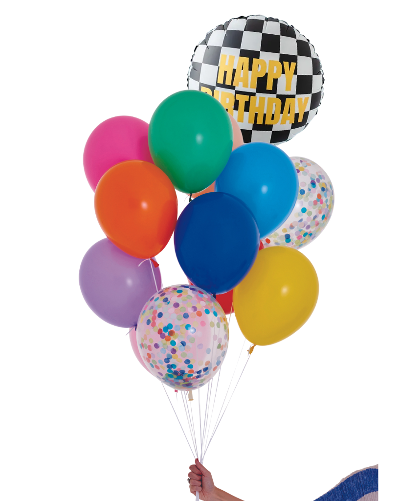 Colorful balloons with a checkered 'Happy Birthday' balloon on a white background