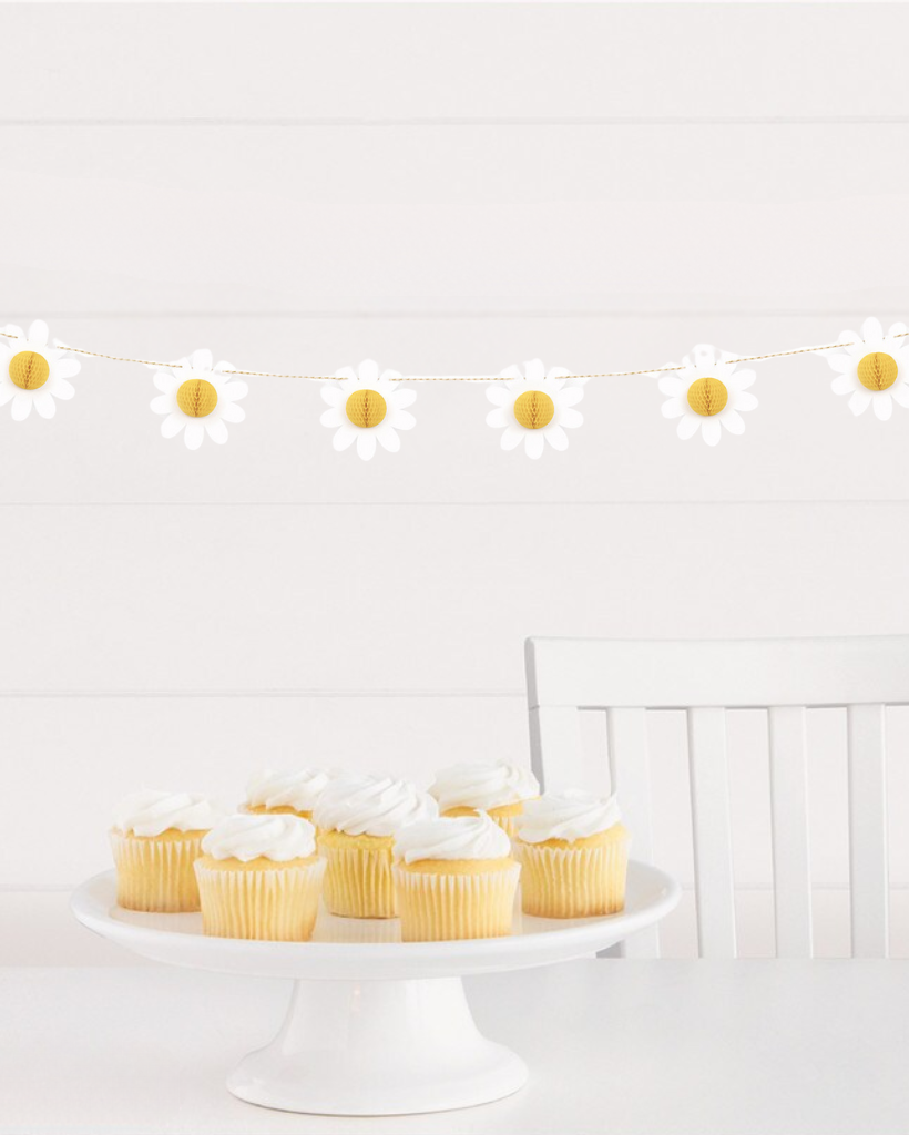 paper daisy garland for daisy flower birthday party - flower party decor