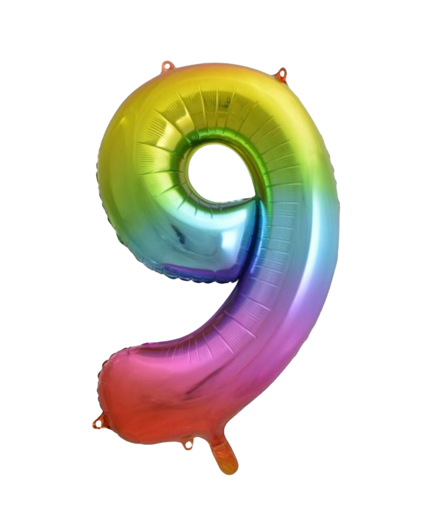 Inflated rainbow foil number balloon 86cm number nine - 9th, 19th, 90th birthday anniversary balloon