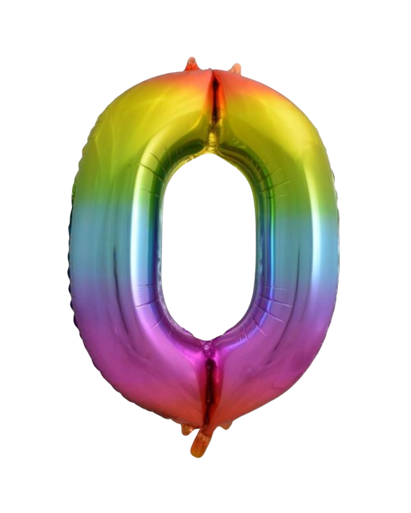 Inflated rainbow foil number balloon 86cm number zero - 10th, 20th, 30th, 40th, 50th, 60th, 70th, 80th, 90th, 100th milestone birthday anniversary balloon