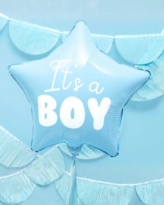 Blue star-shaped balloon with 'It's a Boy' text on a light blue background