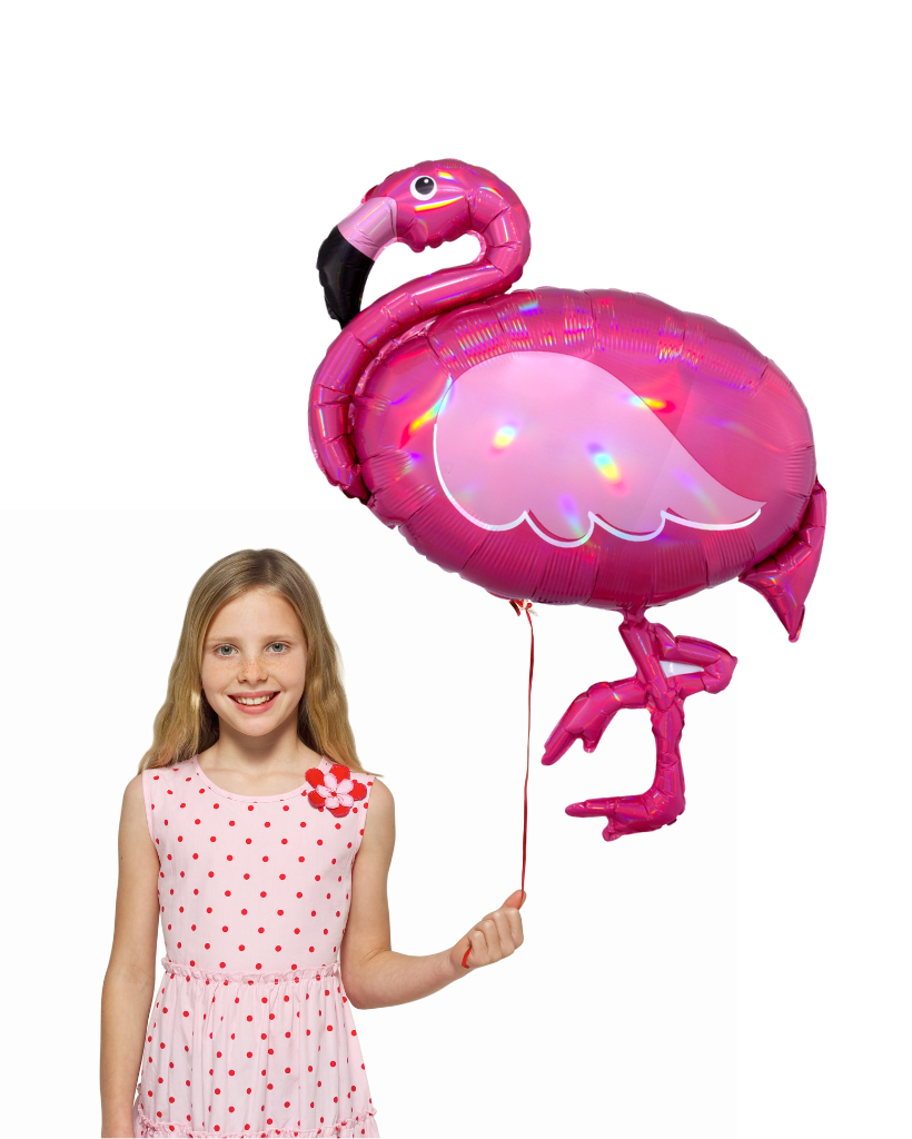 Girl holding a pink flamingo-shaped balloon with lights on a white background
