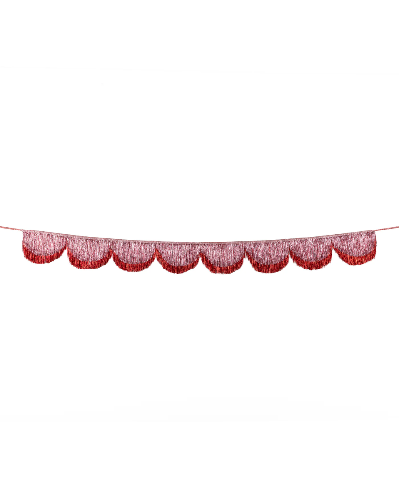 Red and pink tinsel bunting on a white background