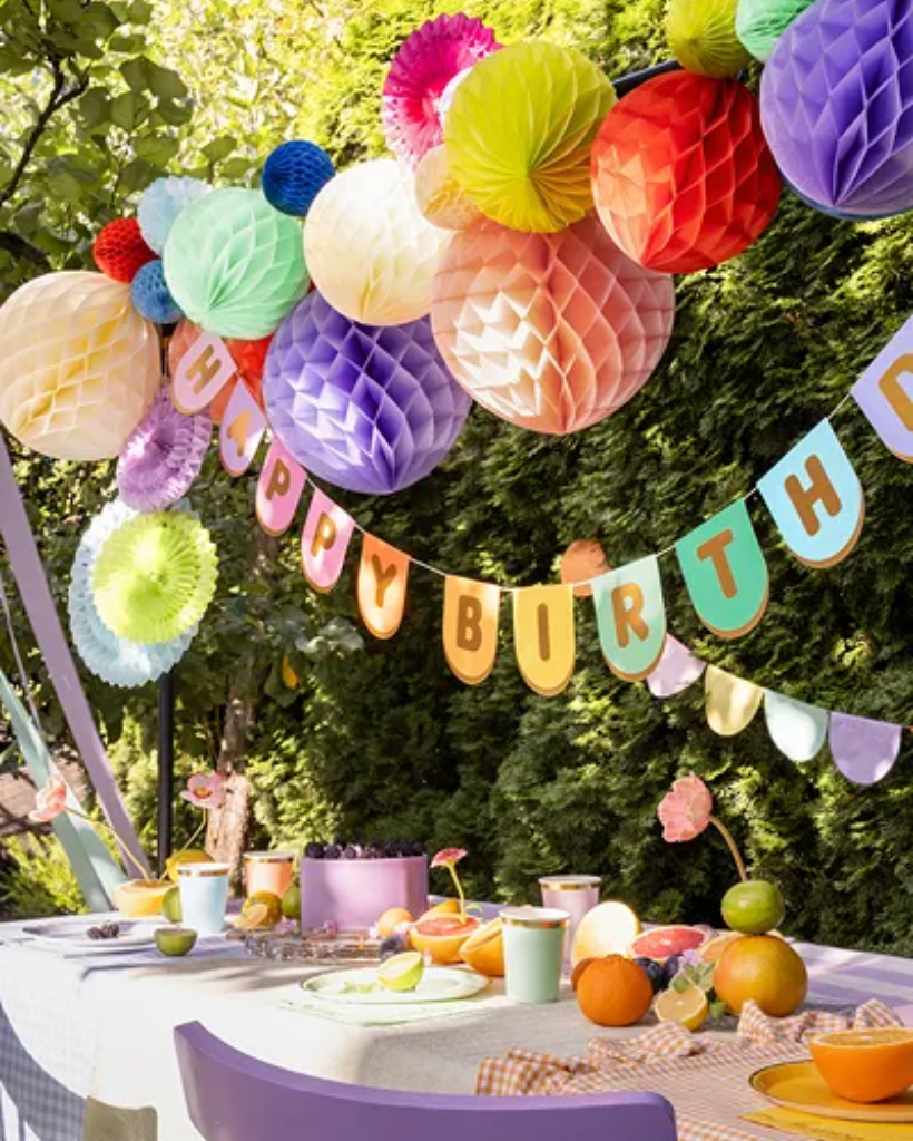 Bright and playful happy birthday banner for kids birthday parties. Made with card. Self assembly required.