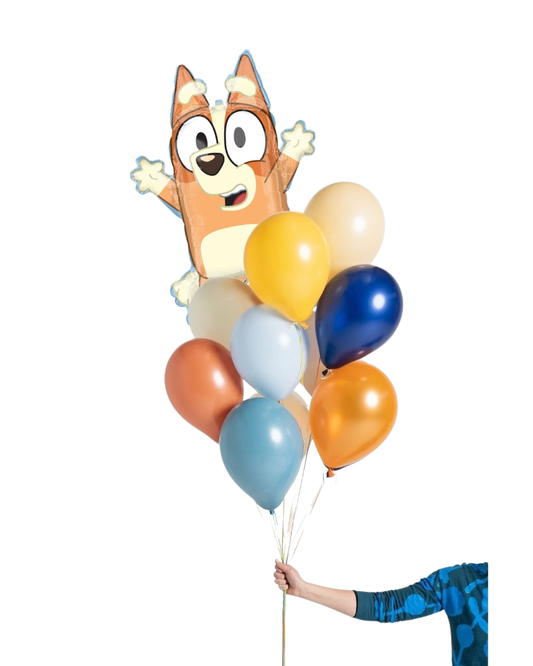 Bingo Bluey balloon held by a person with colourful balloons on a white background