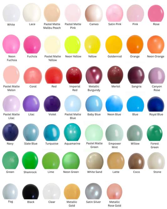Colour swatch chart with latex balloon colour names on a white background