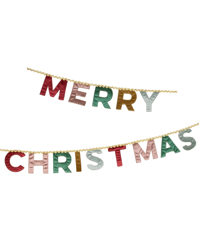 Merry Christmas banner with colorful letters on a white background