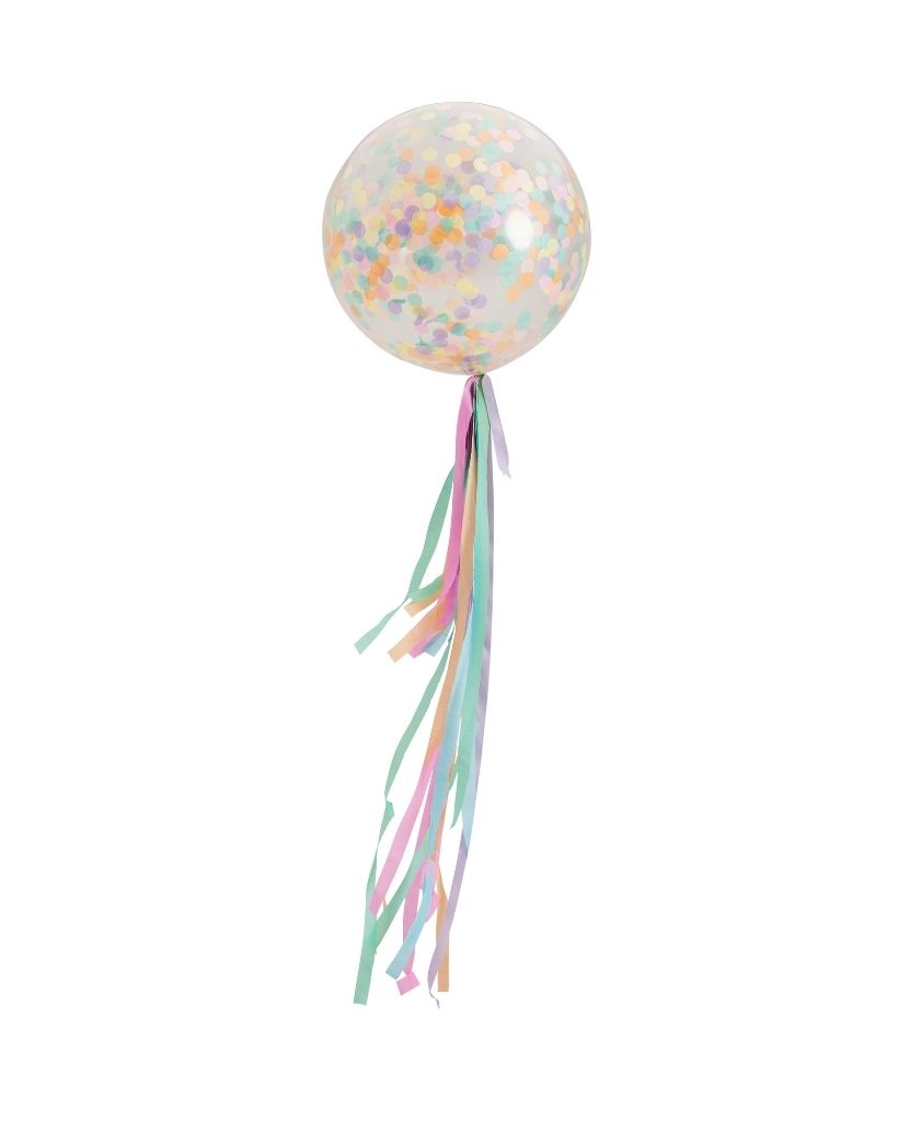 Pastel Rainbow Jumbo Confetti Balloon and Streamers Filled with Helium
