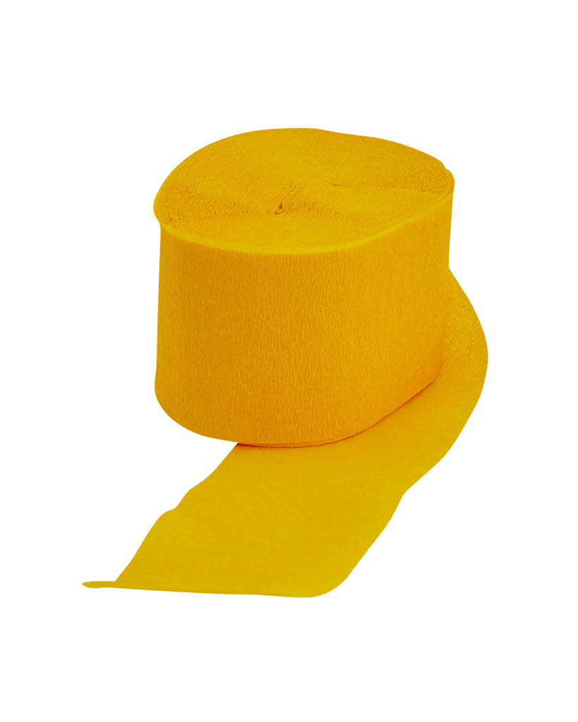 A roll of yellow crepe streamer paper, unfurled to show texture, against a white background.