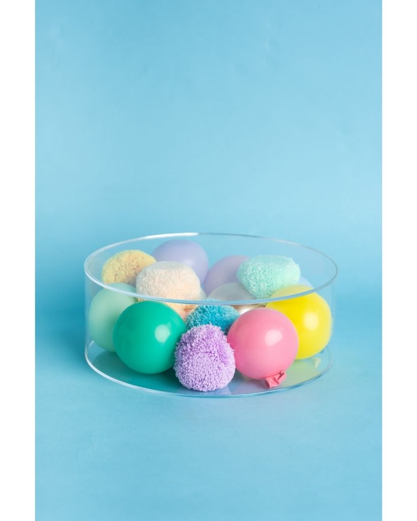 Pastel rainbow fillable cake stand bling - fill your cake stand with pom poms and mini latex balloons.
