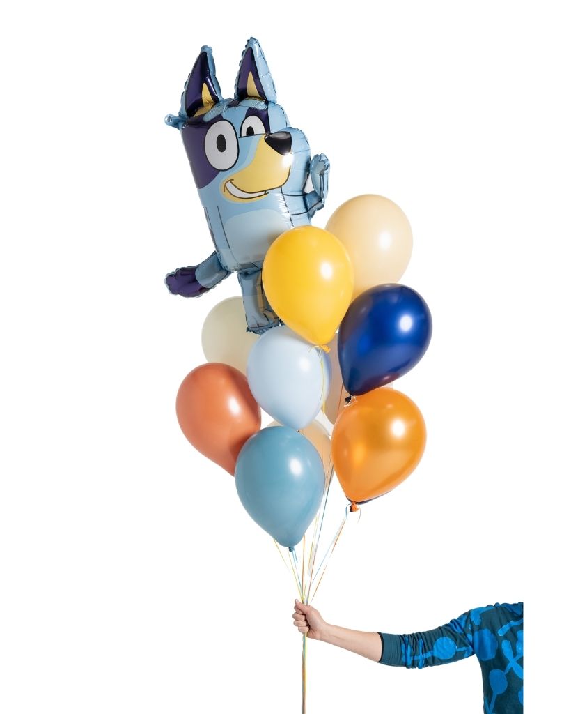 Inflated Bluey balloon bunch filled with helium.