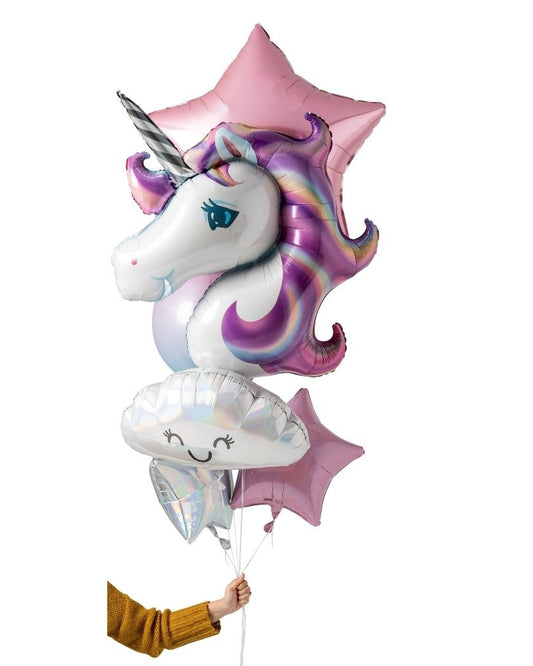 A bouquet of foil balloons featuring a unicorn, star, and cloud shapes, primarily in pink and white colors, tied with a ribbon.