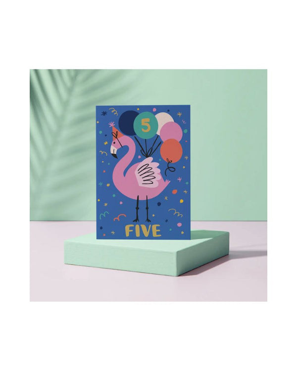 Five Flamingo Birthday Card
