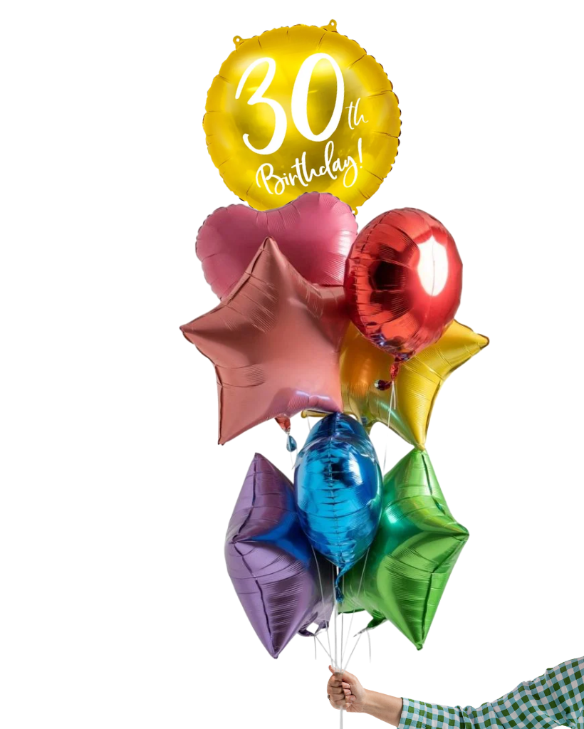 Colorful birthday balloons including a gold '30th Birthday' balloon on a white background.