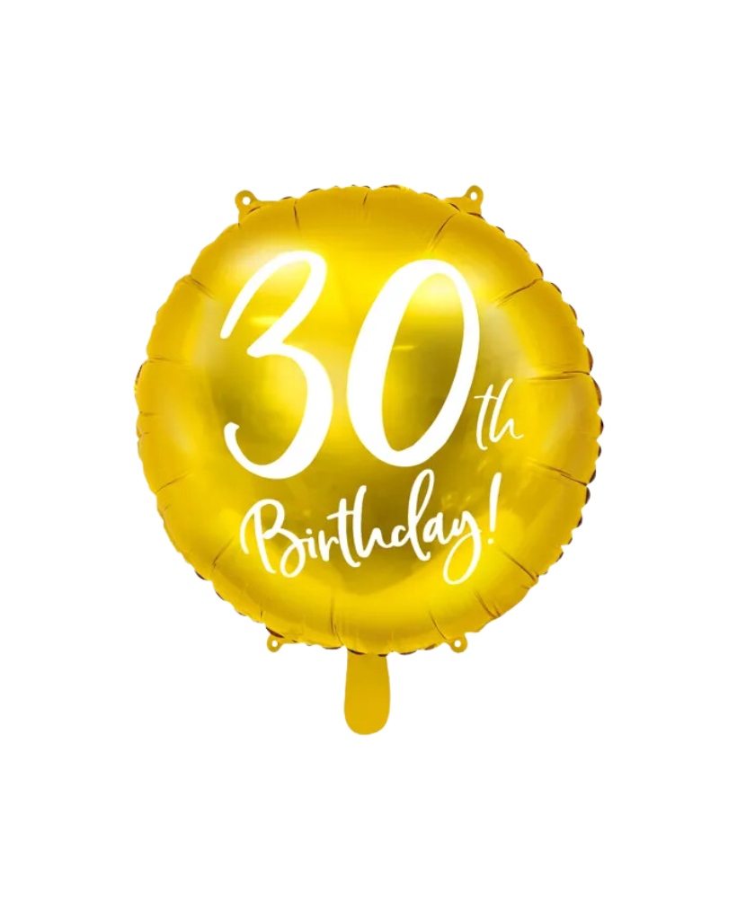 A gold foil balloon with white text '30th Birthday!' inflated and displayed against a plain background.