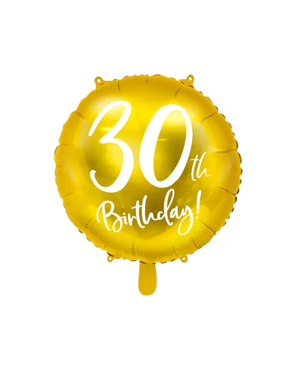 A gold foil balloon with white text '30th Birthday!' inflated and displayed against a plain background.