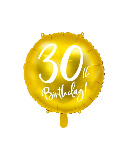 A gold foil balloon with white text '30th Birthday!' inflated and displayed against a plain background.