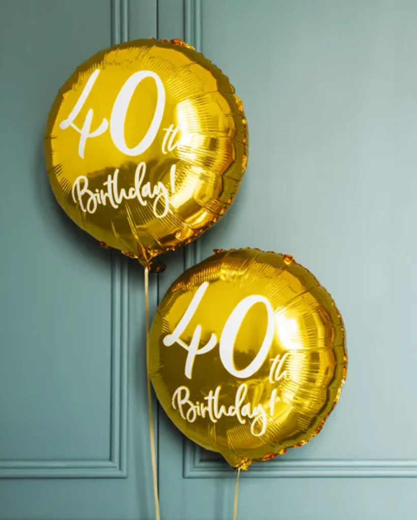Two gold balloons with '40th Birthday!' text on a light blue background