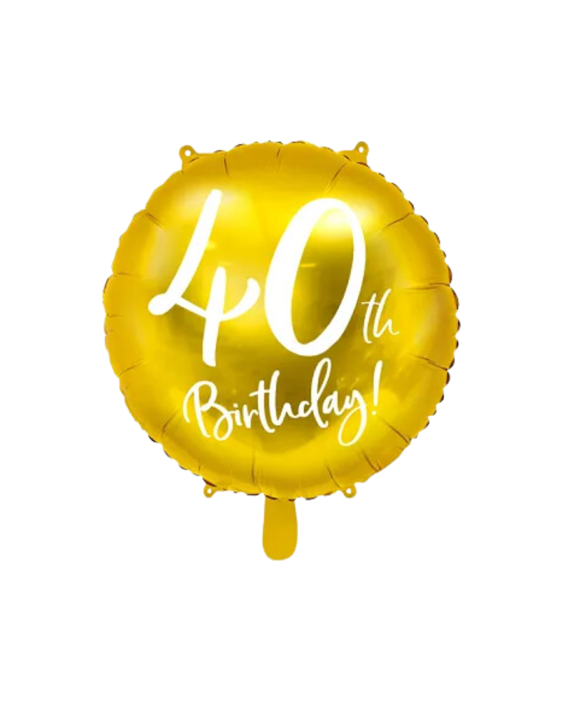 A gold foil balloon with white text '40th Birthday!' inflated and displayed against a plain background.