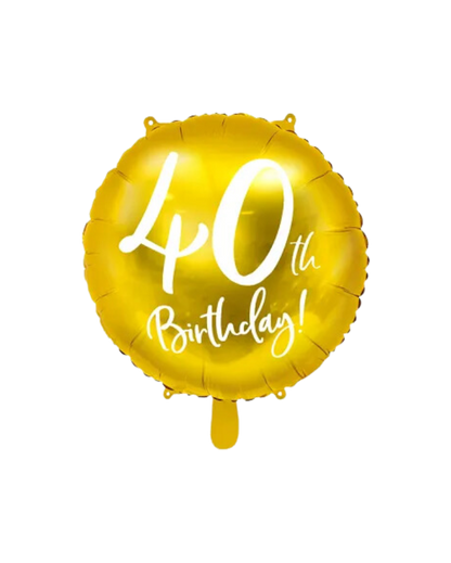 A gold foil balloon with white text '40th Birthday!' inflated and displayed against a plain background.