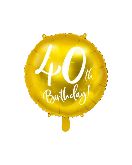 A gold foil balloon with white text '40th Birthday!' inflated and displayed against a plain background.