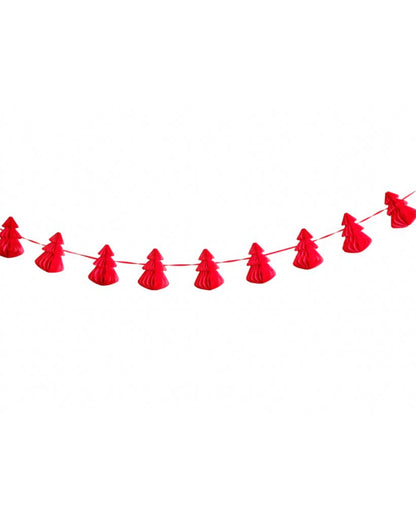 A red Christmas tree honeycomb garland hanging against a white background.
