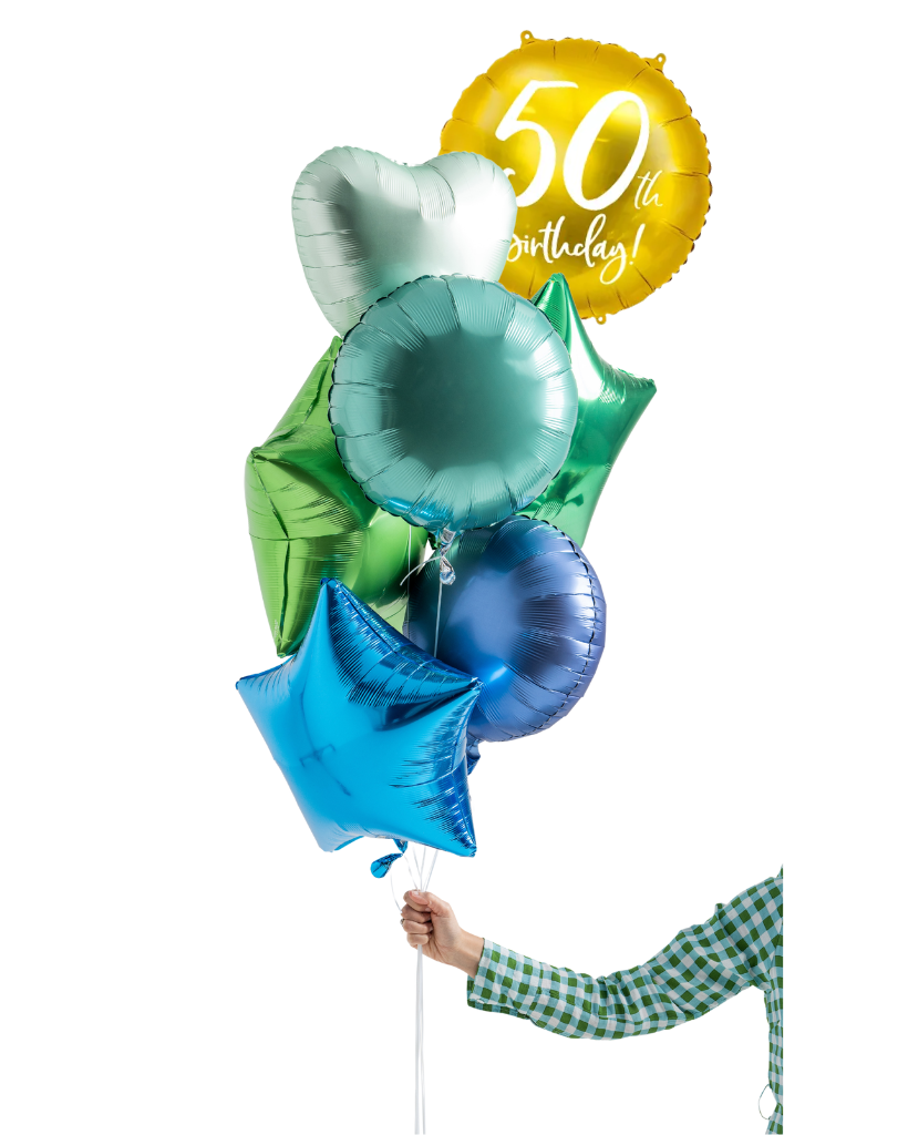 Colorful balloon bouquet with a '50th birthday' balloon held by a person wearing a checkered shirt.