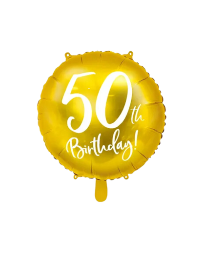 A gold foil balloon with '50th Birthday!' printed in white text. The balloon is circular and inflated with helium.
