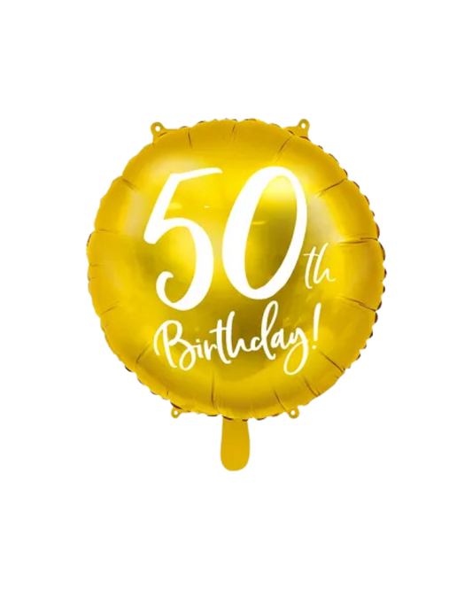 A gold foil balloon with '50th Birthday!' printed in white text. The balloon is circular and inflated with helium.