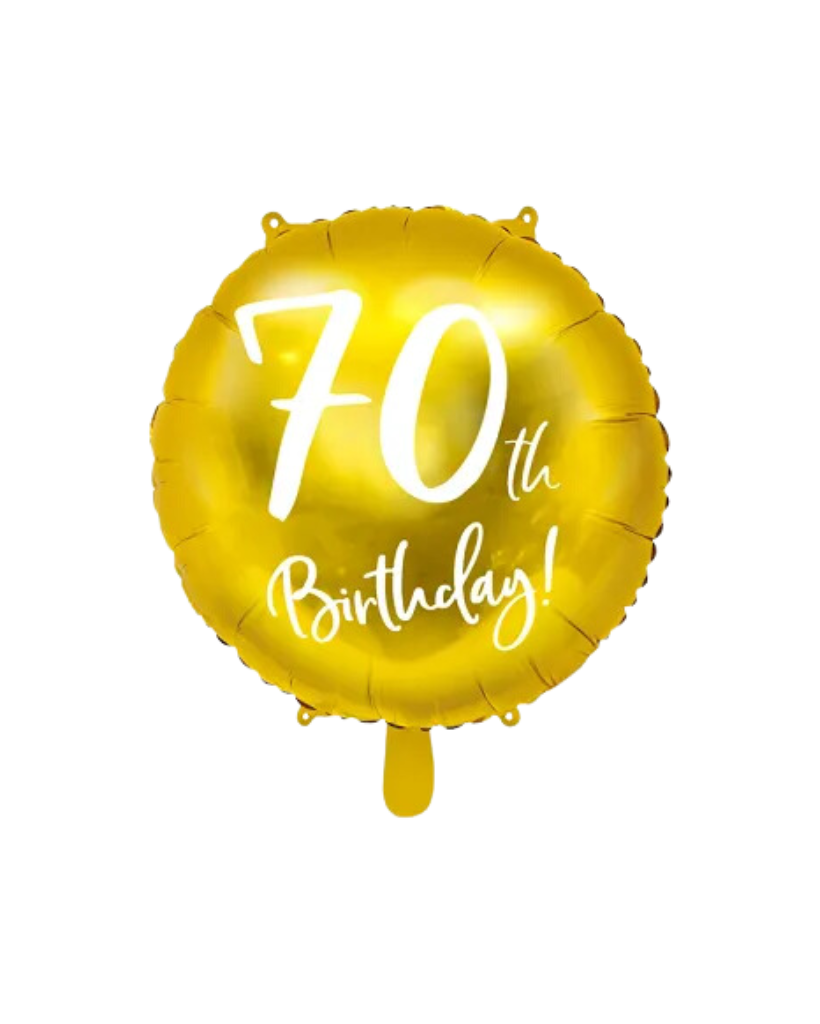 A gold foil balloon with white text reading '70th Birthday!'