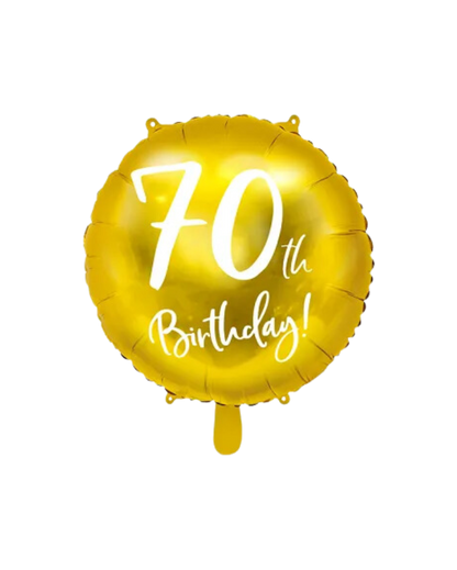 A gold foil balloon with white text reading '70th Birthday!'
