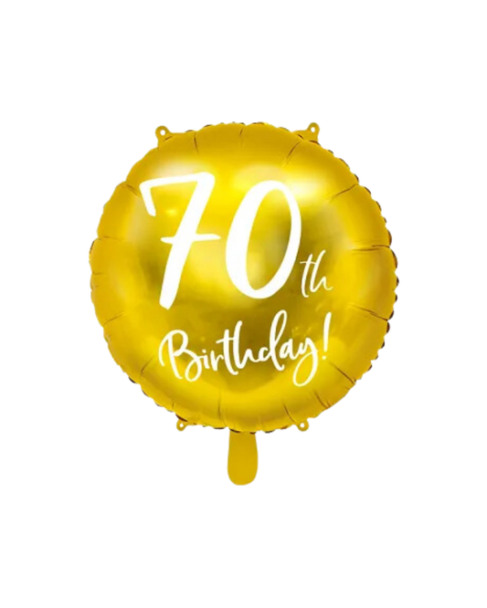 A gold foil balloon with white text reading '70th Birthday!'