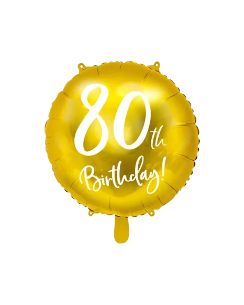 A gold foil balloon with '80th Birthday!' printed in white text. The balloon is round and inflated with helium.