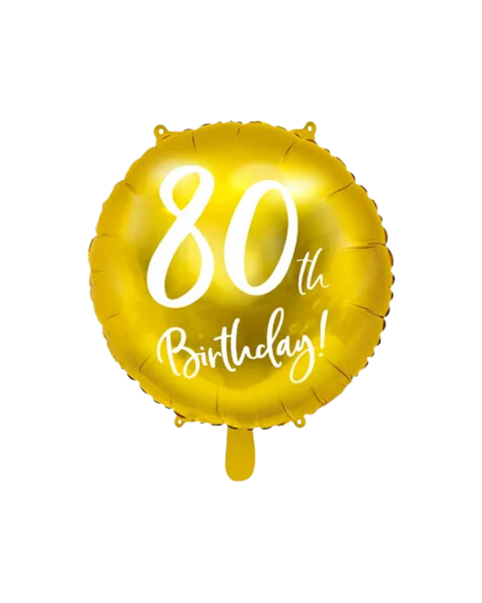 A gold foil balloon with '80th Birthday!' printed in white text. The balloon is round and inflated with helium.