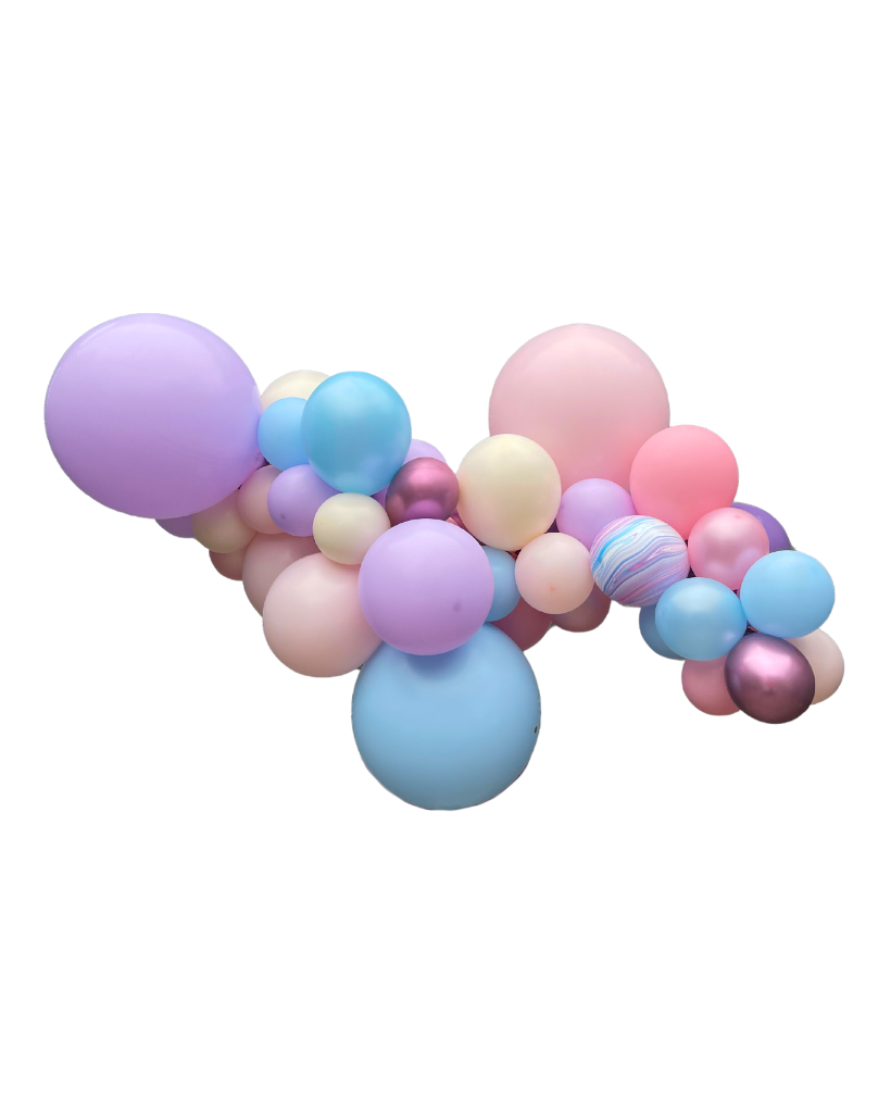 A balloon garland featuring a variety of round balloons in shades of pink, purple, and blue, with a few sparkly and metallic accents.