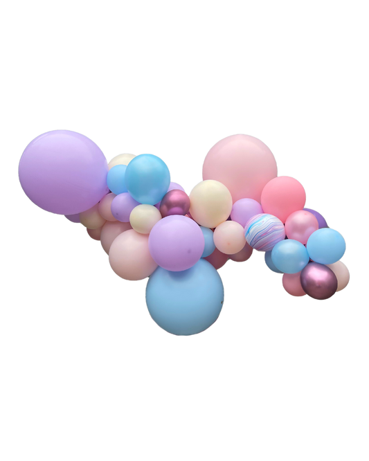 A balloon garland featuring a variety of round balloons in shades of pink, purple, and blue, with a few sparkly and metallic accents.