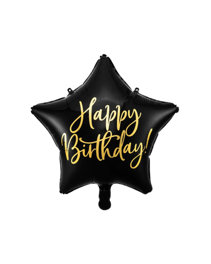 A black foil star-shaped balloon with the text 'Happy Birthday!' printed in gold.