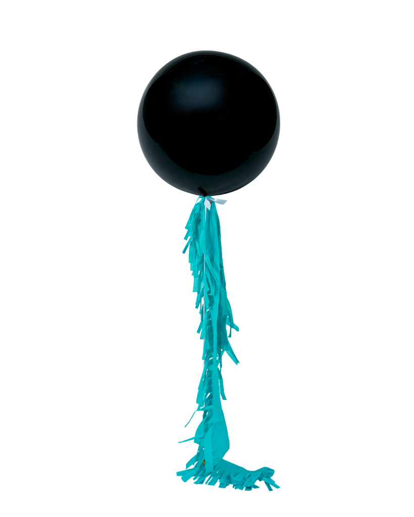 Black 90cm jumbo latex balloon with crepe fringing.