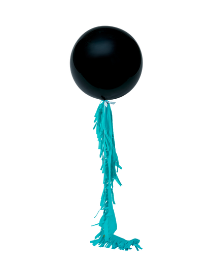 Black 90cm jumbo latex balloon with crepe fringing.