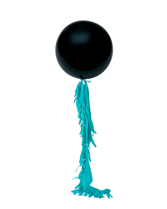 Black 90cm jumbo latex balloon with crepe fringing.