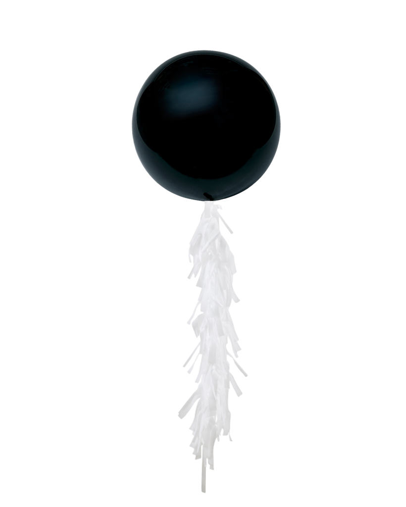 Black Jumbo Balloon and Fringe Filled with Helium