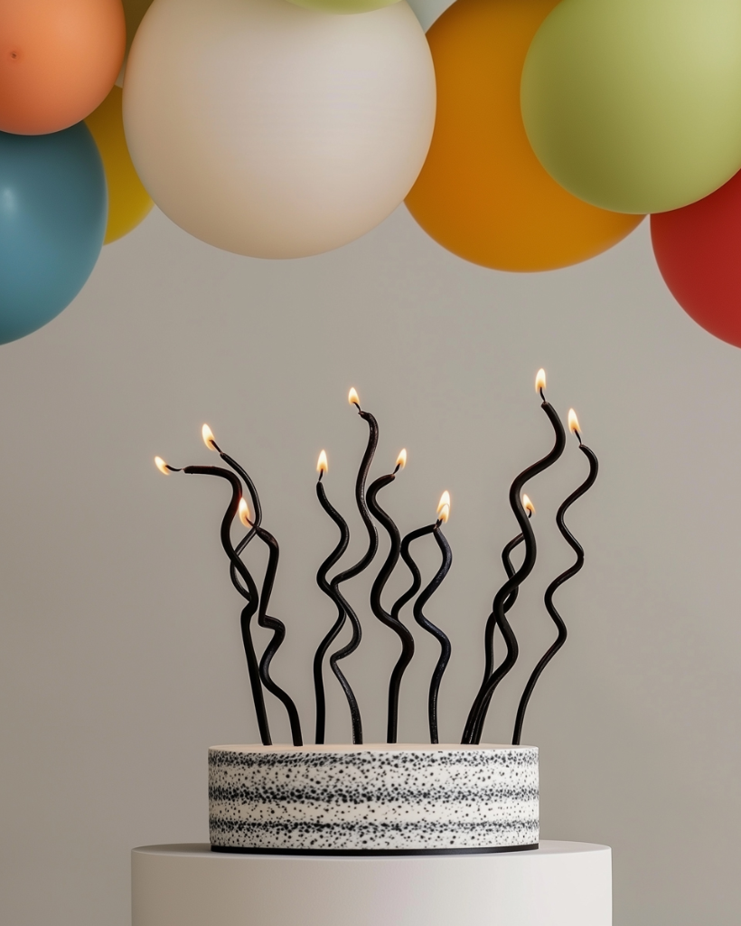 Black wick candles on a cake with colorful balloons in the background