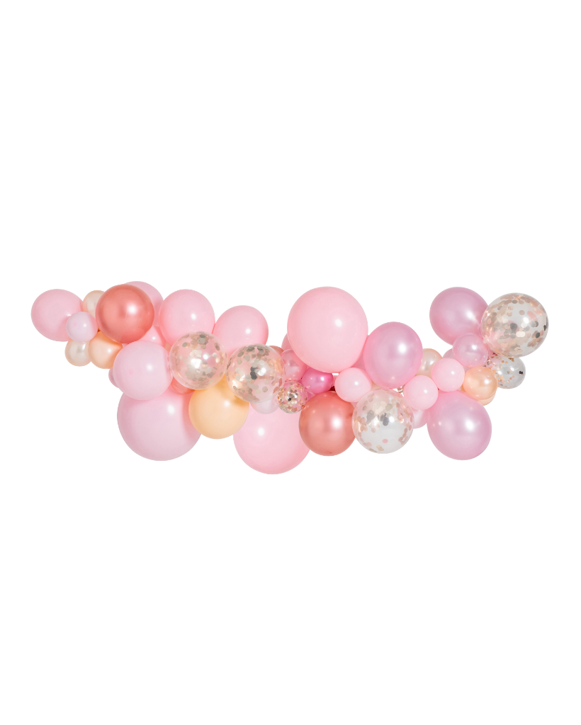 Balloon arch with pink, gold, and pearl balloons on a white background