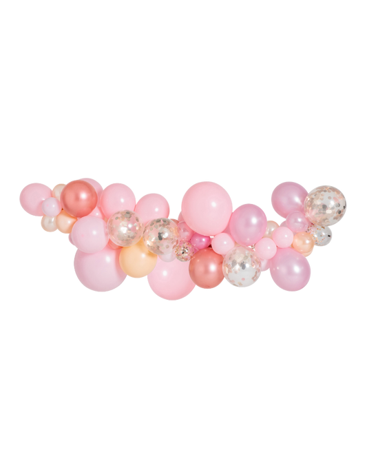 Balloon arch with pink, gold, and pearl balloons on a white background